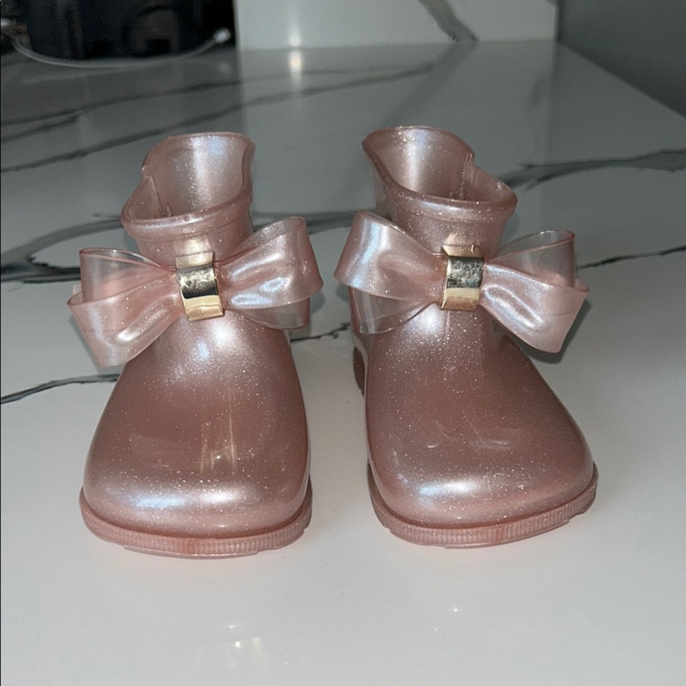 Pink Shimmer Bow Boots with Gold Buckle